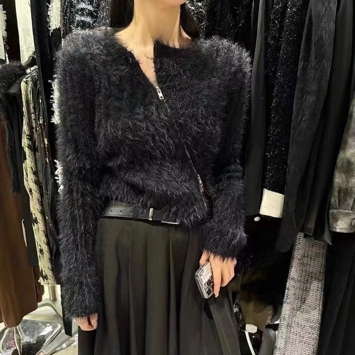 Damen Fluffy Pullover mit modischem Schnitt und praktischen Reißverschluss Drune