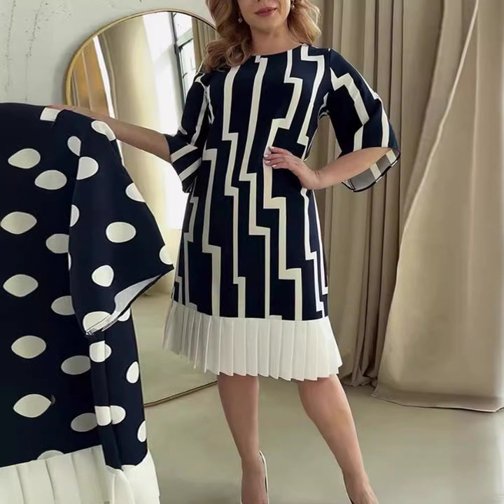Damen nan grafisches A-Linienkleid mit plissiertem Saum und dreiviertelärmeln Drune