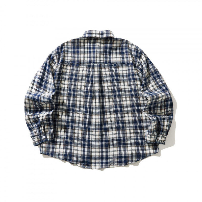 Unisex Oversized karierte Flanell-Hemdjacke mit Brusttasche und abgerundetem Saum Drune
