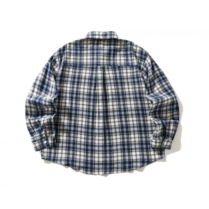 Unisex Oversized karierte Flanell-Hemdjacke mit Brusttasche und abgerundetem Saum Drune