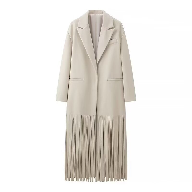 Damen Langmantel mit langem Fransen‑Saum, kastiger Oversize‑Silhouette und Reverskragen Drune