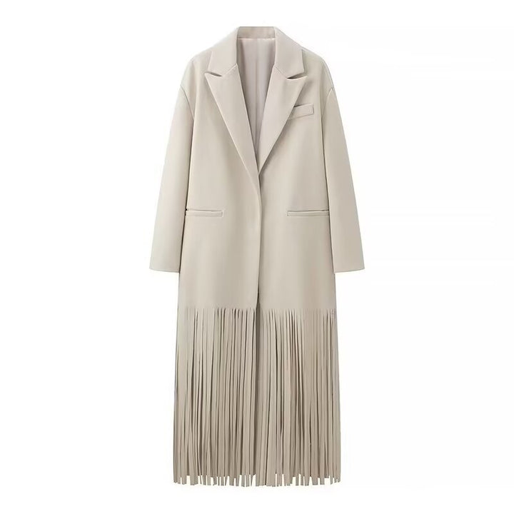Damen Langmantel mit langem Fransen‑Saum, kastiger Oversize‑Silhouette und Reverskragen Drune