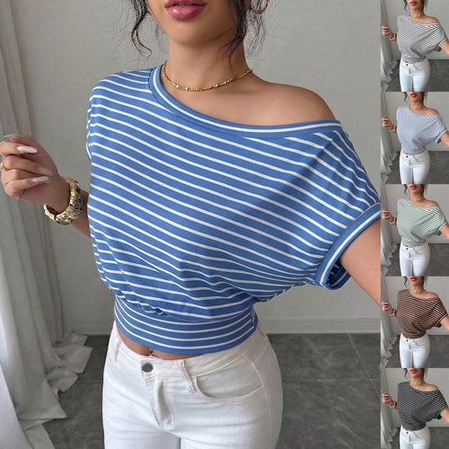 Damen Gestreiftes Off-Shoulder Cropped Shirt mit tailliertem Bund Drune