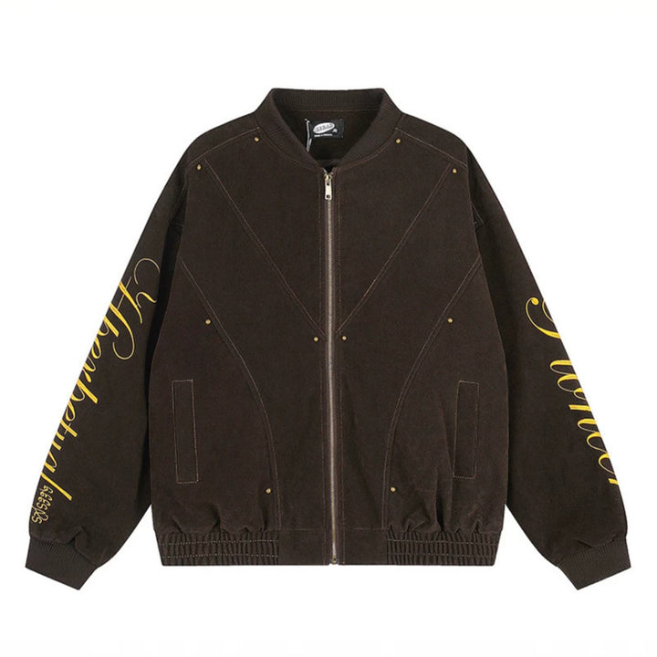 Damen Oversize-Bomberjacke im Velours-Look mit Script-Ärmeln und Metallnieten Drune