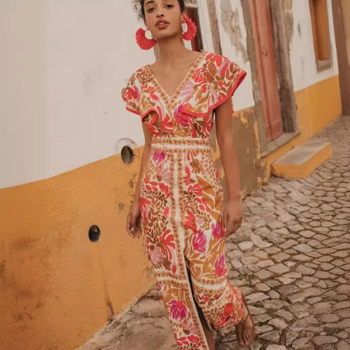 Damen Maxikleid mit farbenfrohem floralem Muster und Volantärmel Drune