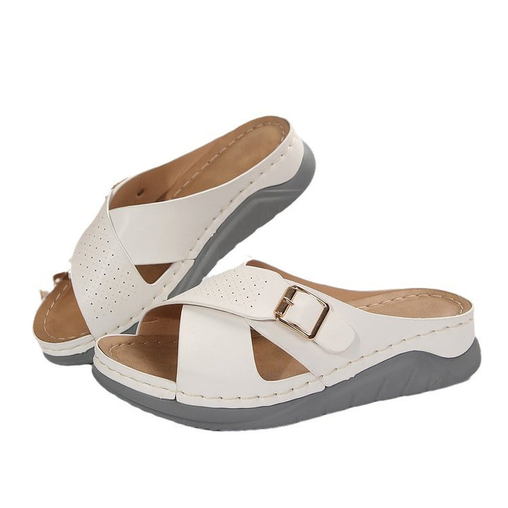 Damen Ergonomische Komfort Pantolette mit Memoryfußbett, perforierten Kreuzriemen und verstellbarer Zierschnalle Drune
