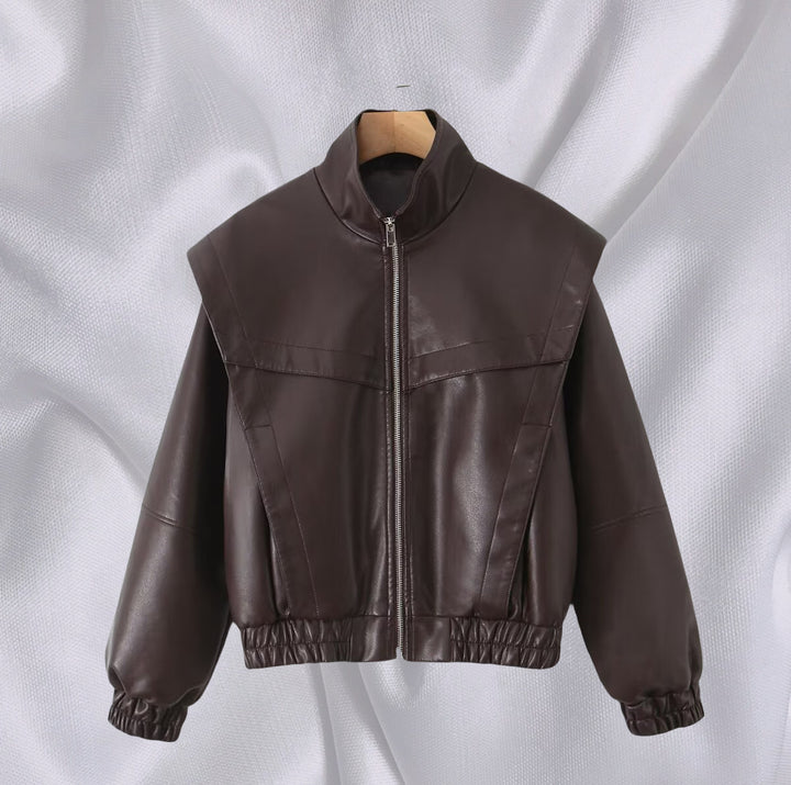 Damen elegante Kunstlederjacke mit hohem Kragen Drune