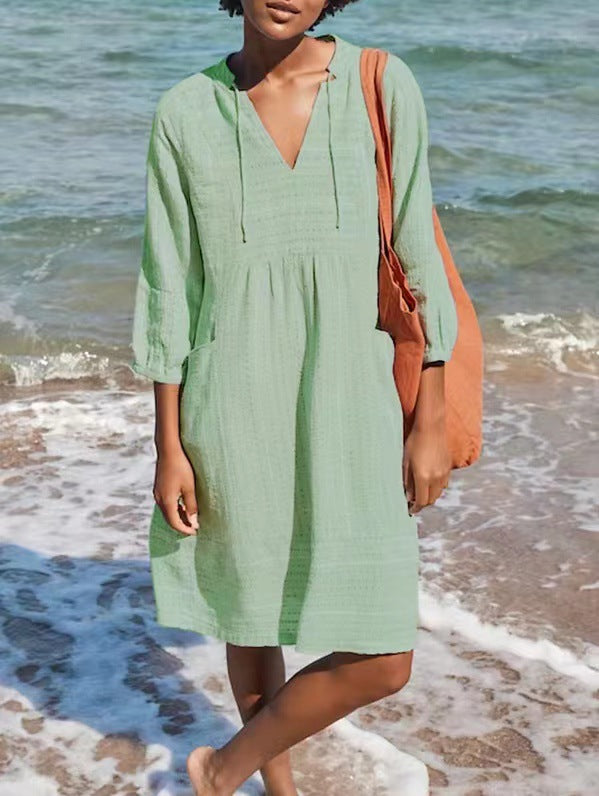 Damen lässiges Sommerkleid mit Kapuze und Taschen Drune
