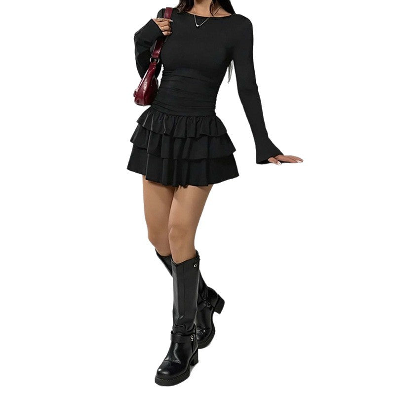 Damen Mini-Kleid mit voluminösem Rüschensaum und langem Arm Drune