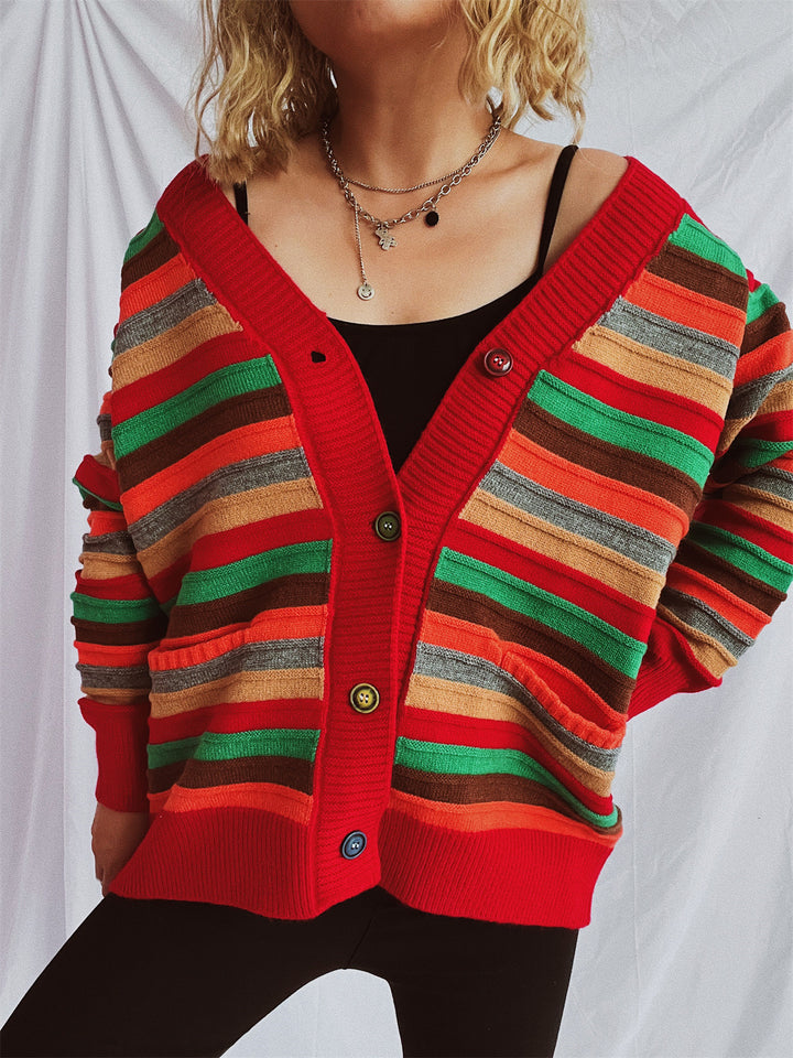 Damen lässige Strickjacke mit buntem Streifenmuster und lockerer Passform Drune