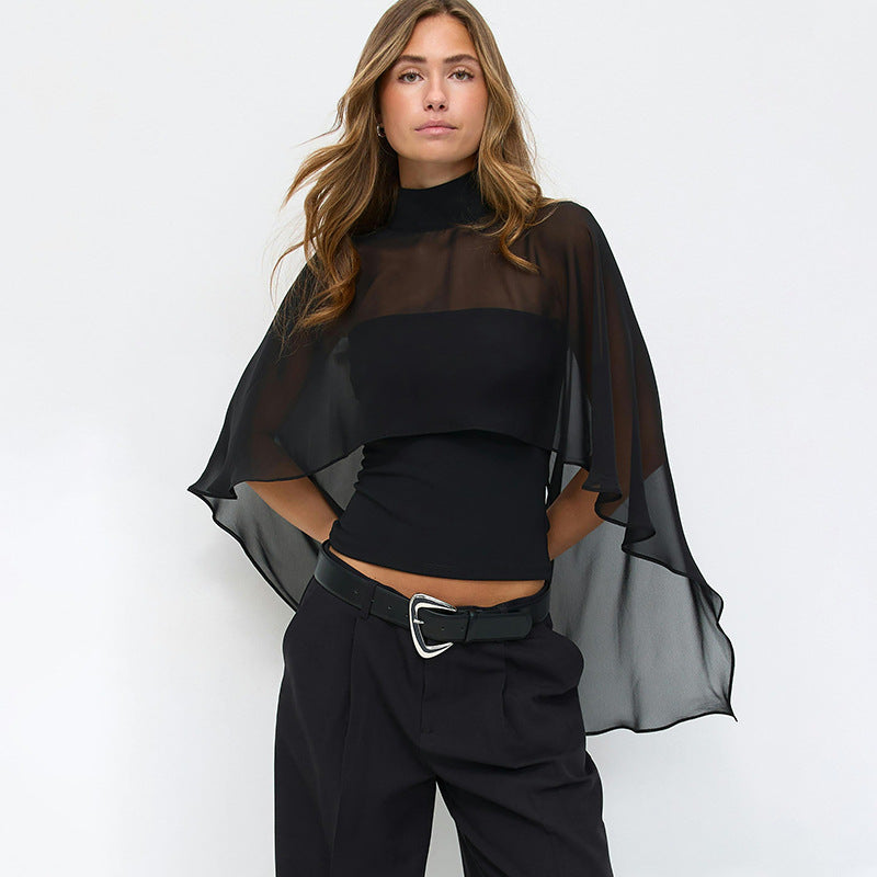 Damen elegantes Top mit transparenten Flügel-Ärmeln Drune
