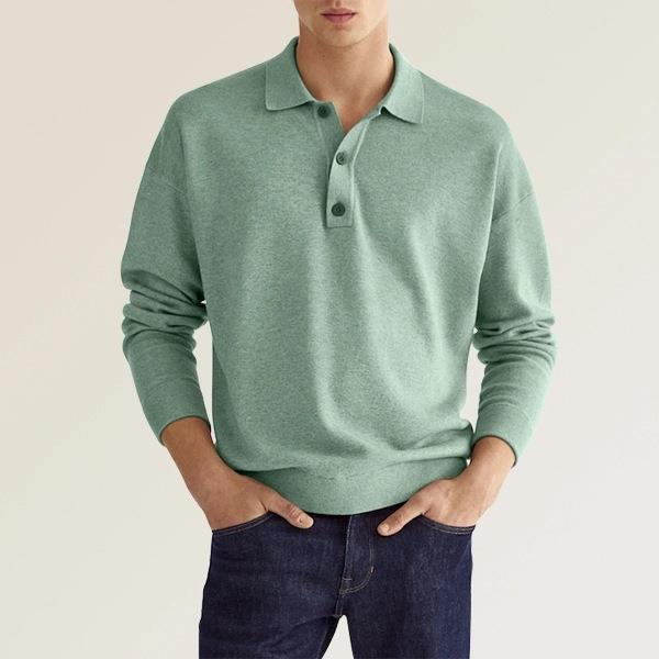 Herren Feinstrick-Polo-Sweater mit langen Ärmeln, gerippten Bündchen und subtiler Knopfleiste EB