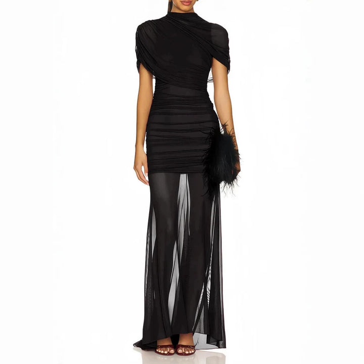 Damen Elegantes Cocktailkleid mit gerafftem Design und transparenter Schicht Drune