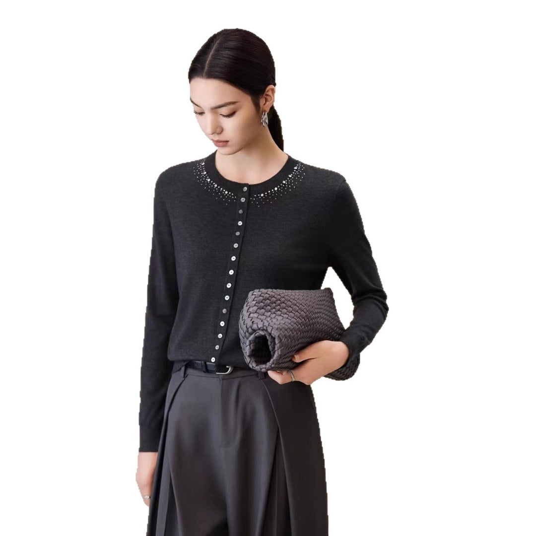 Damen Feiner Feinstrick-Cardigan mit Perlendekor am Rundhalsausschnitt Drune