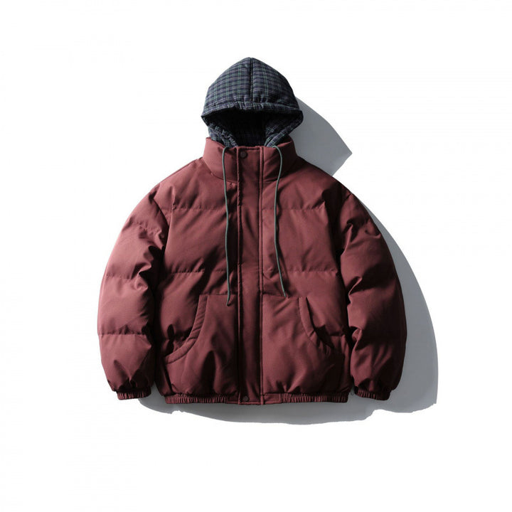 Unisex Wattierte Pufferjacke im kastigen Schnitt mit karierter Einsatzkapuze und hohem Stehkragen Drune