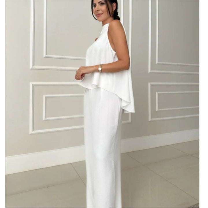 Damen elegantes Set aus lässigem Oberteil und hochsitztender Hose Drune