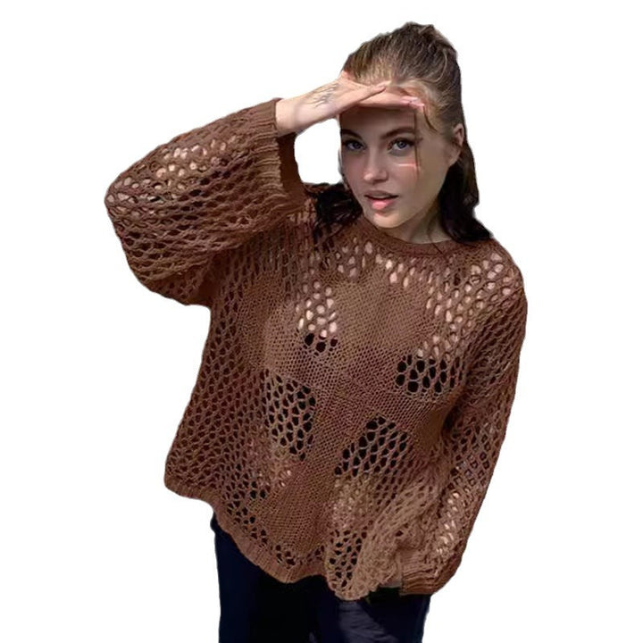 Damen luftiger Strickpullover mit offenem Netzdesign Drune
