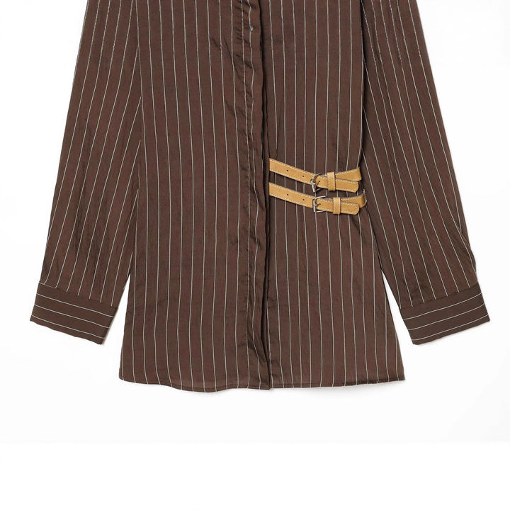Damen nan oversized Hemdblusen-Midikleid mit verdeckter Knopfleiste und dekorativem Doppelgürtel Drune