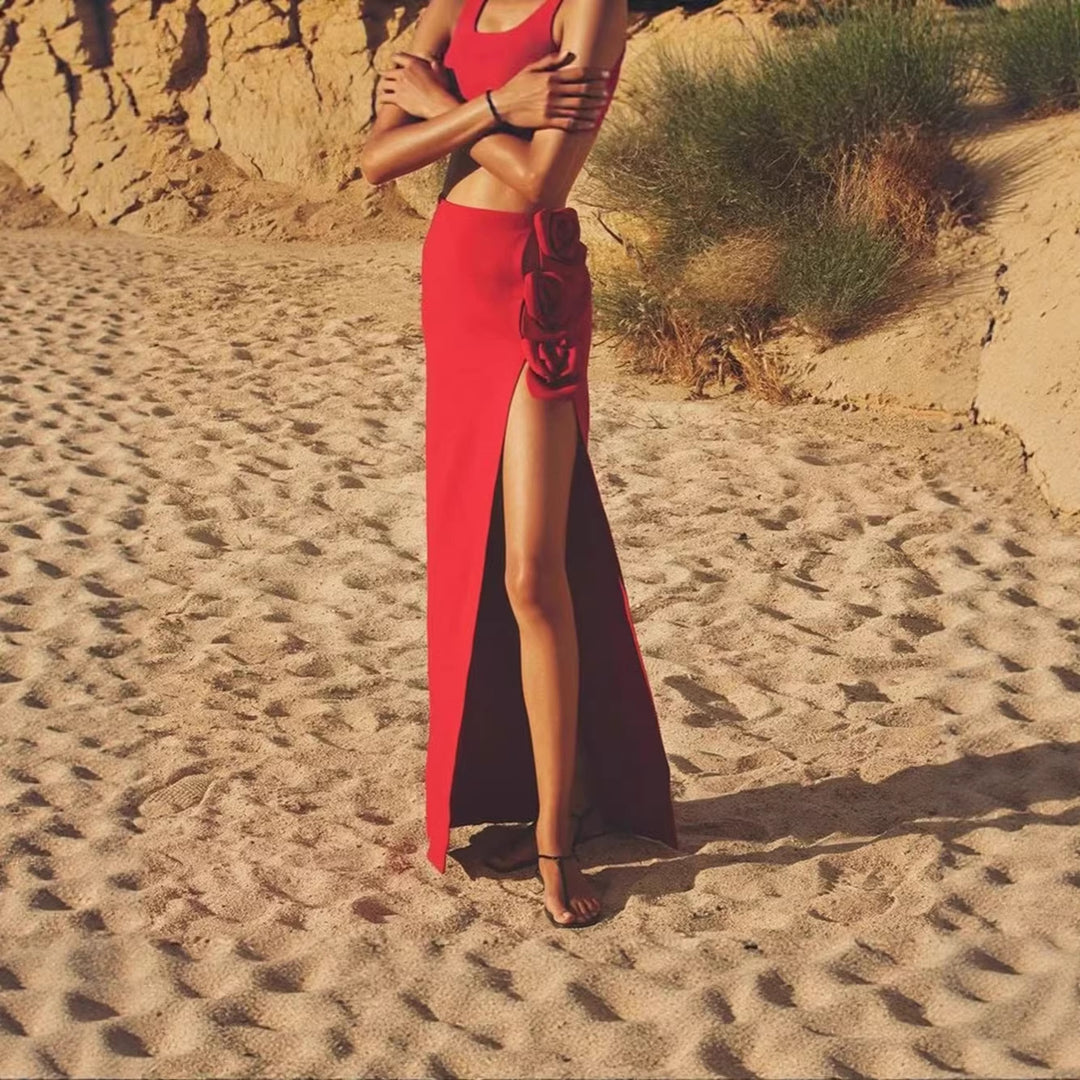Damen eleganter, figurbetonter Rock mit Blumenapplikationen und seitlichem Schlitz Drune