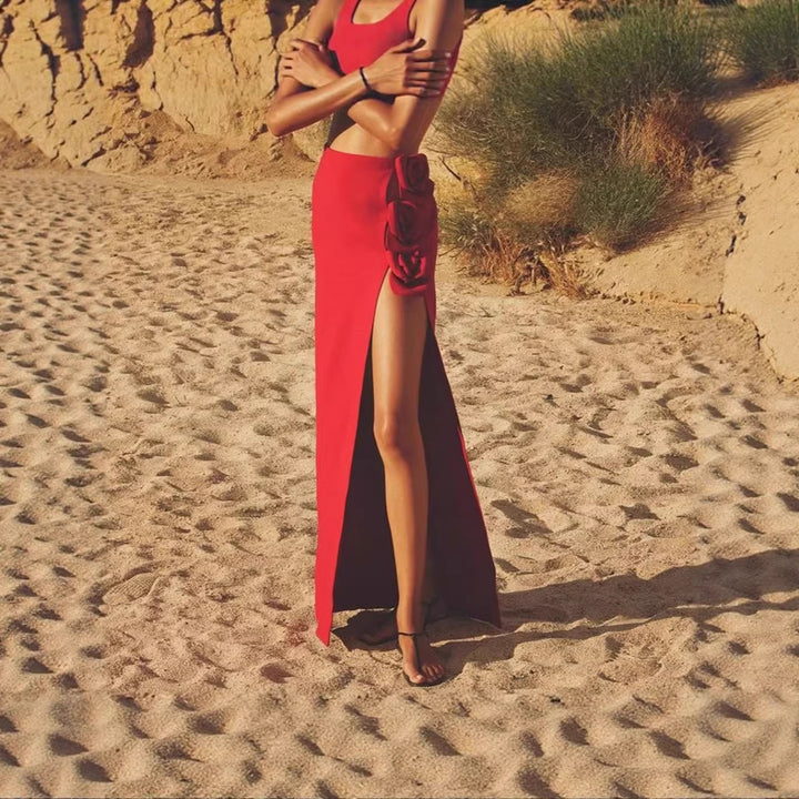 Damen eleganter, figurbetonter Rock mit Blumenapplikationen und seitlichem Schlitz Drune