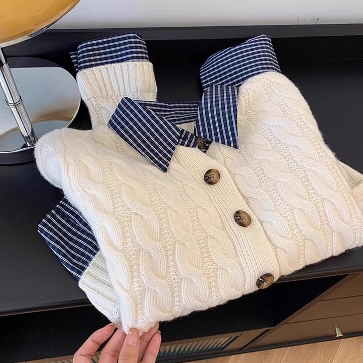 Damen Strickjacke mit Karostoffkragen und Knopfdetails Drune