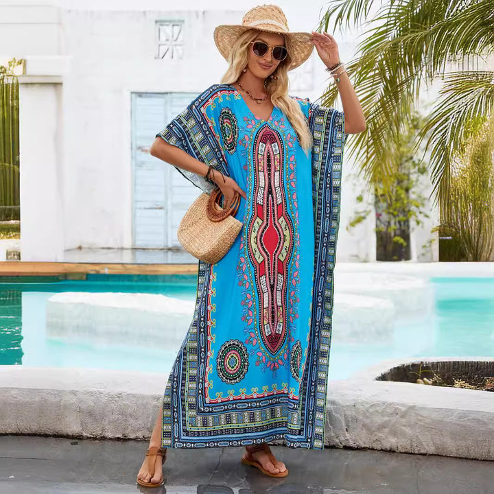 Damen Kaftan mit buntem ethnischen Muster und seitlichem Schlitz Drune