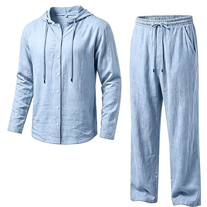 Herren Atmungsaktives Baumwoll-Gauze Loungewear-Set mit Kapuzenhemd und weiten Sommerhosen Drune