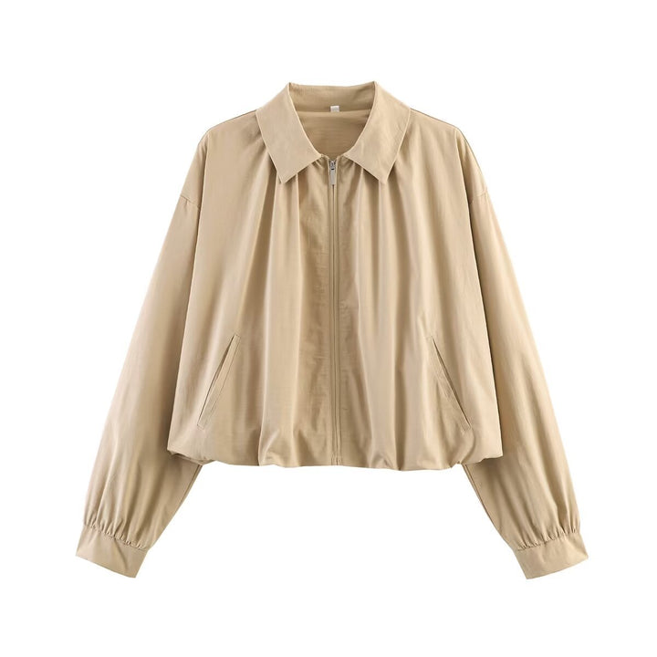 Damen Leichte Cropped Blouson-Jacke mit Hemdkragen, Reißverschluss und Gummizugsaum Drune