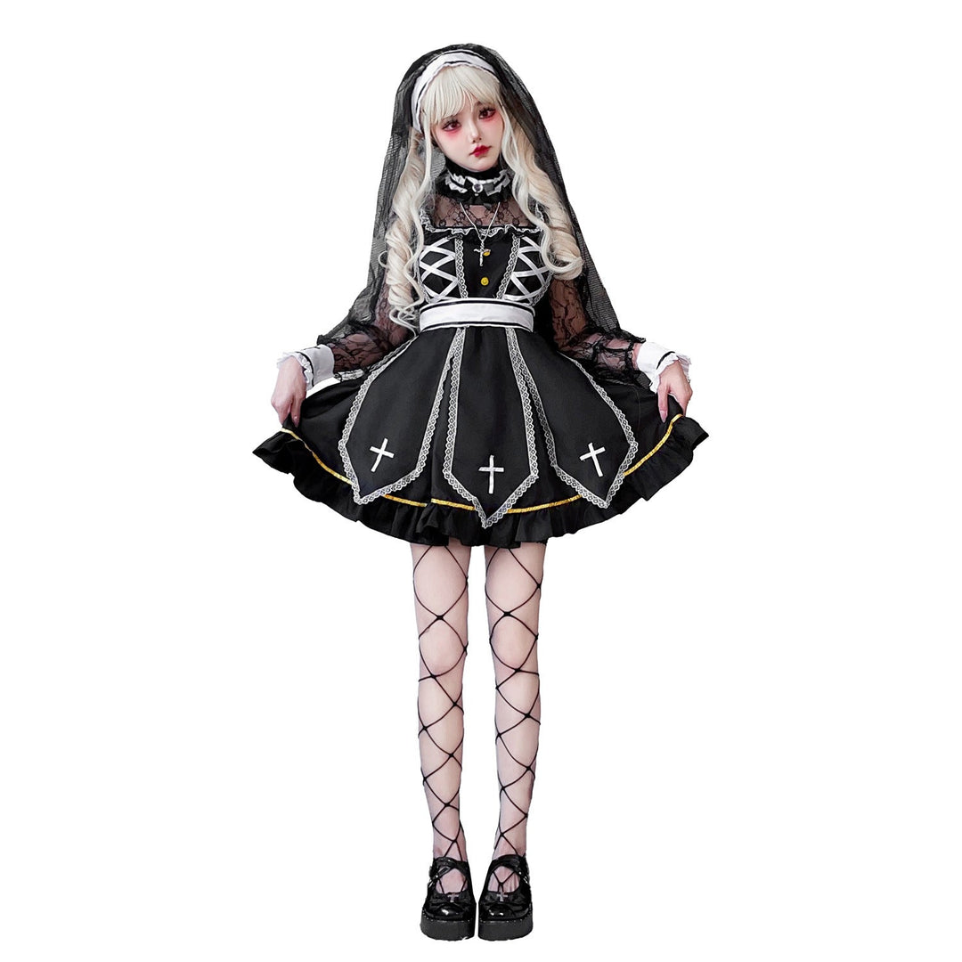 Damen Gothic Brautkostüm mit Spitzenärmeln und aufwendigen Rüschen Drune
