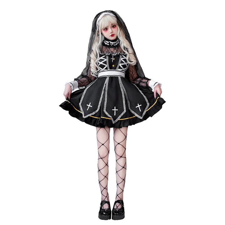 Damen Gothic Brautkostüm mit Spitzenärmeln und aufwendigen Rüschen Drune