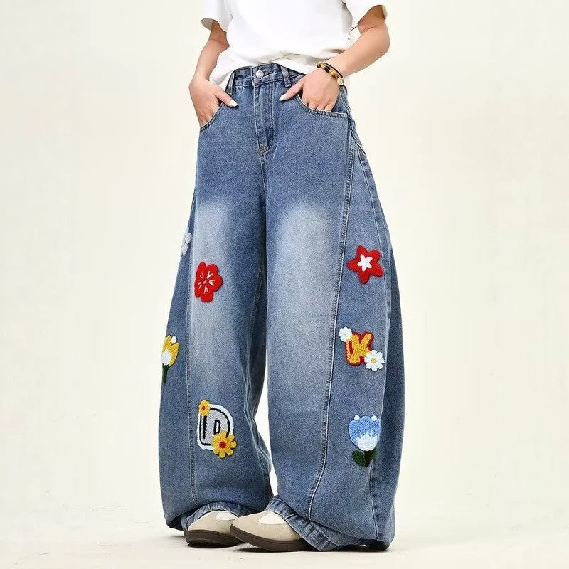 Damen Weitgeschnittene Blumen-Applikationen Jeans Drune