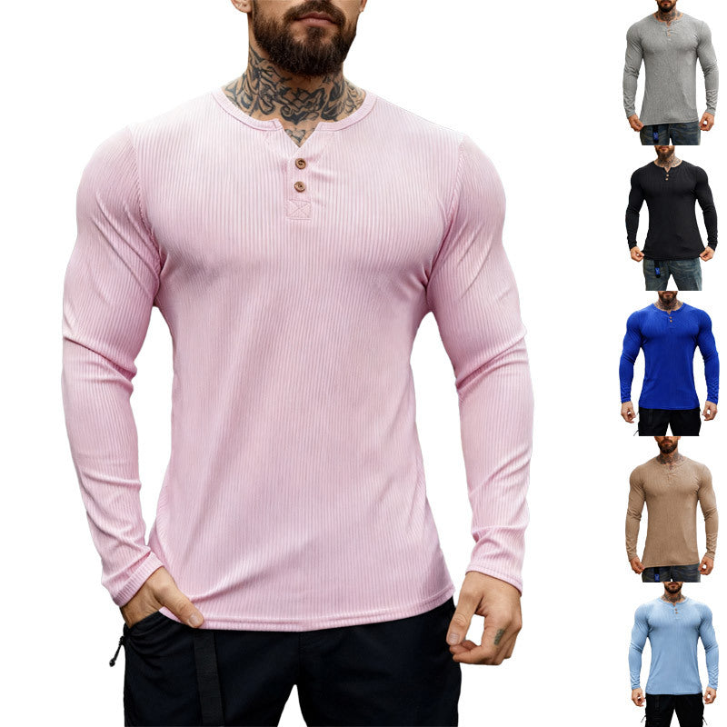 Herren nan geripptes Langarm-Henleyshirt mit flacher Knopfleiste und körperbetonter Stretch-Passform Drune