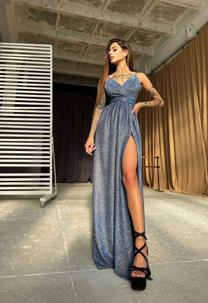 Damen Elegantes Glitzer-Maxikleid mit tiefem Schlitz und schickem Wickeldesign Drune
