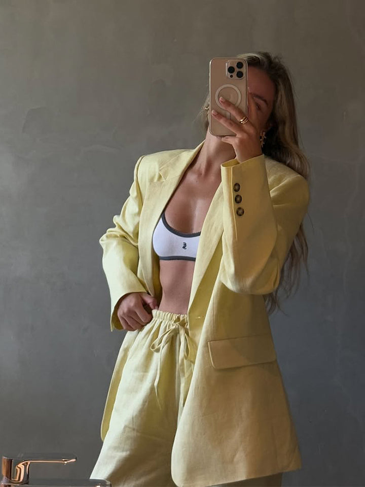 Damen Leichtes Leinen-Set mit weit geschnittenem Sakko und taillenhohen Shorts Drune