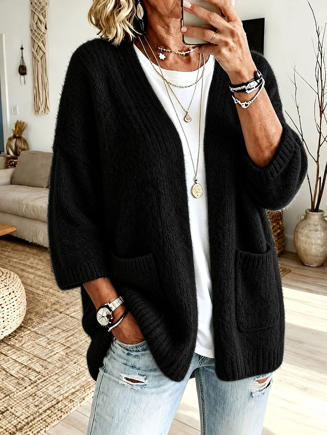 Damen Offener Longcardigan im Mohair-Look mit aufgesetzten Taschen und überschnittener Schulter Drune
