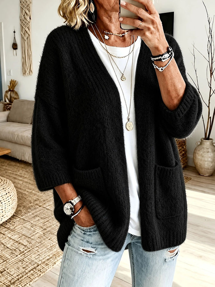 Damen Offener Longcardigan im Mohair-Look mit aufgesetzten Taschen und überschnittener Schulter Drune