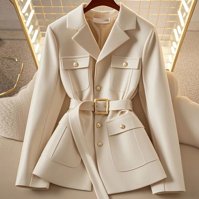 Damen Modischer Blazer mit Taillengürtel und Taschen Drune