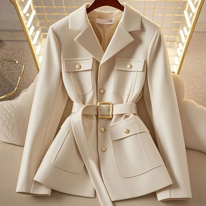 Damen Modischer Blazer mit Taillengürtel und Taschen Drune