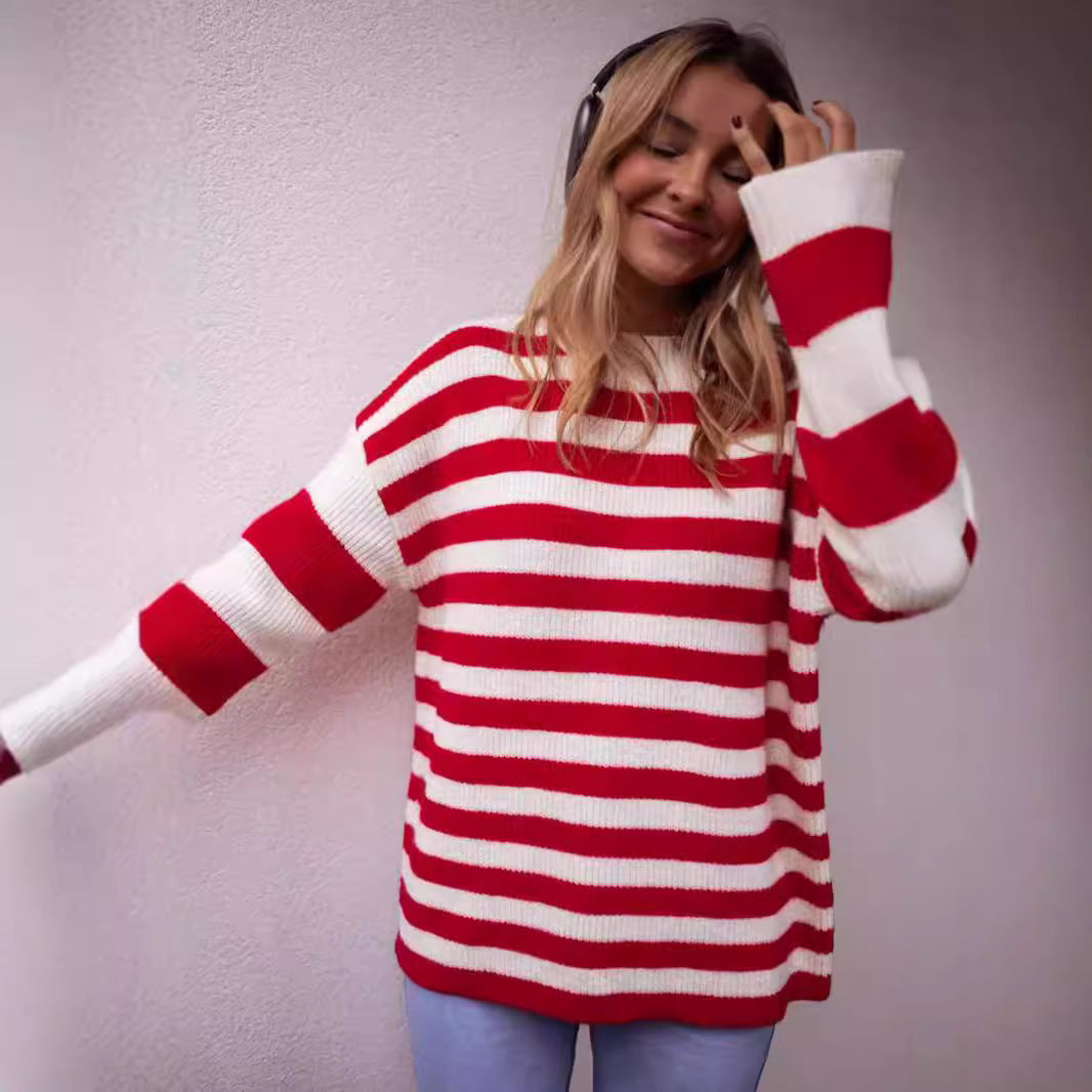 Damen modischer Grobstrickpullover mit auffälligem Streifenmuster Drune