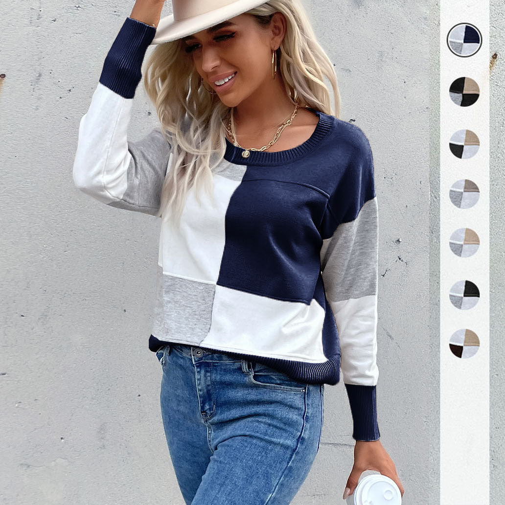 Damen Legerer Feinstrick-Pullover im Blockkaro mit geripptem Saum und lässiger Passform Drune