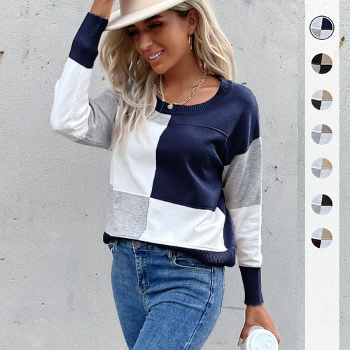 Damen Legerer Feinstrick-Pullover im Blockkaro mit geripptem Saum und lässiger Passform Drune