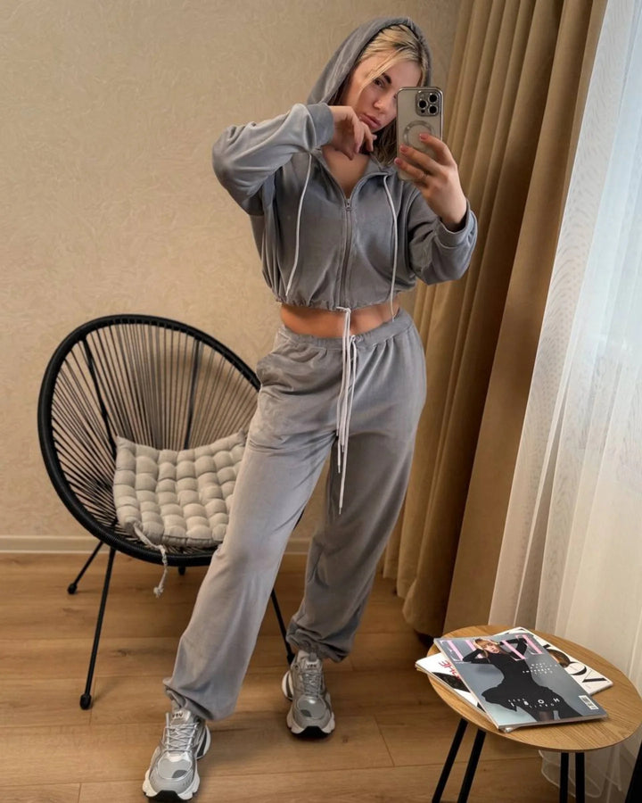 Damen Samtiges Cropped-Zip-Hoodie-Set mit Tunnelzugbund und weitem Lounge-Sweathose Drune