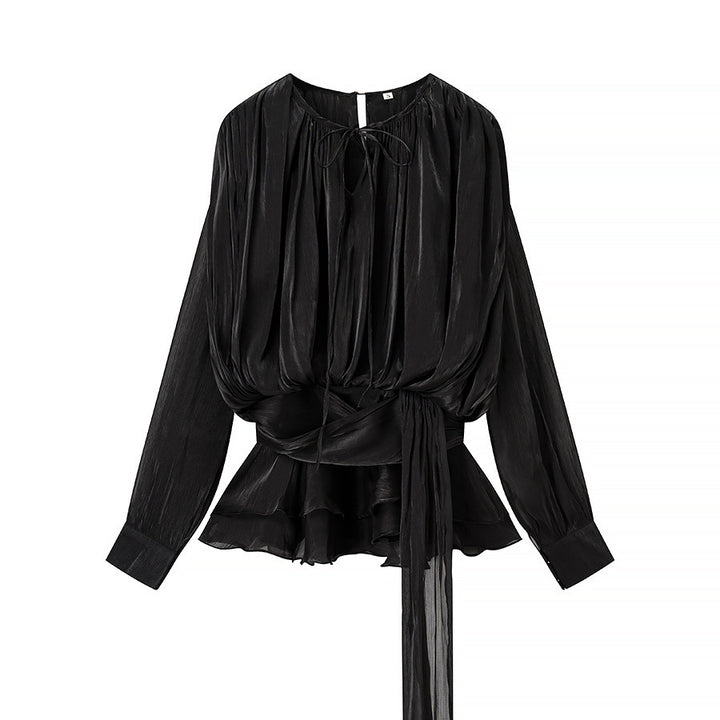 Damen Chiffon-Bluse mit drapierter Korsagen-Optik, Volant‑Peplum und Bindegürtel Drune
