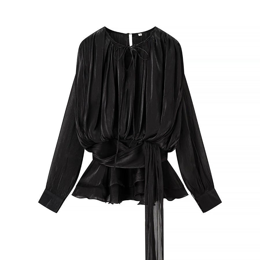 Damen Chiffon-Bluse mit geraffter Taille, Wickelband und Volant-Saum Drune