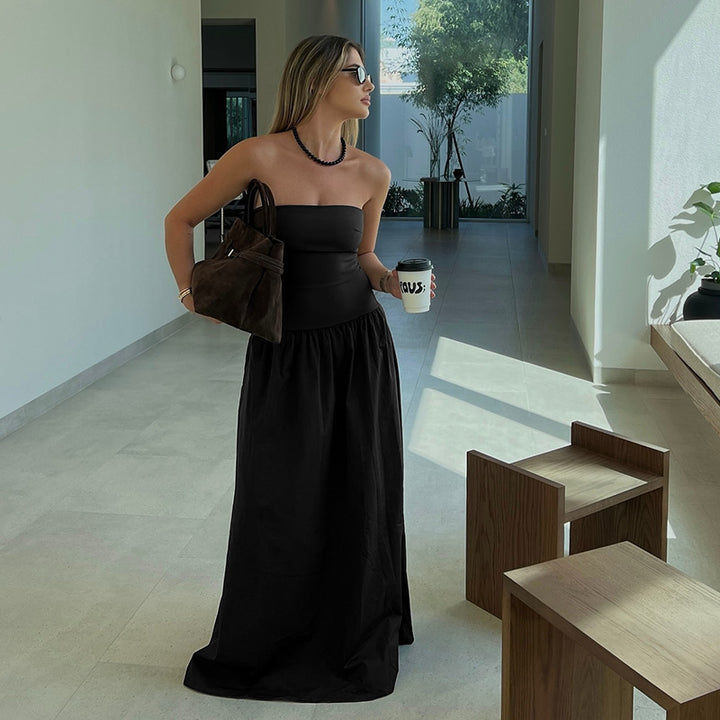 Damen elegantes Bandeau-Maxi-Kleid mit schwingendem Rock und elastischem Bund Drune