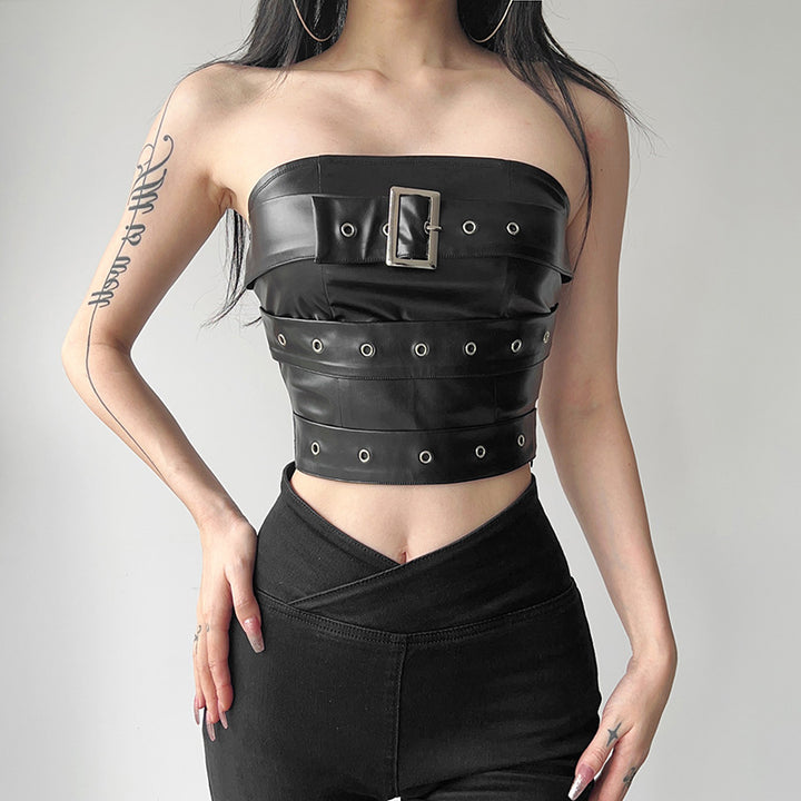Damen Couture Oberteil aus Leder mit dekorativen Schnallen und Ösen Drune