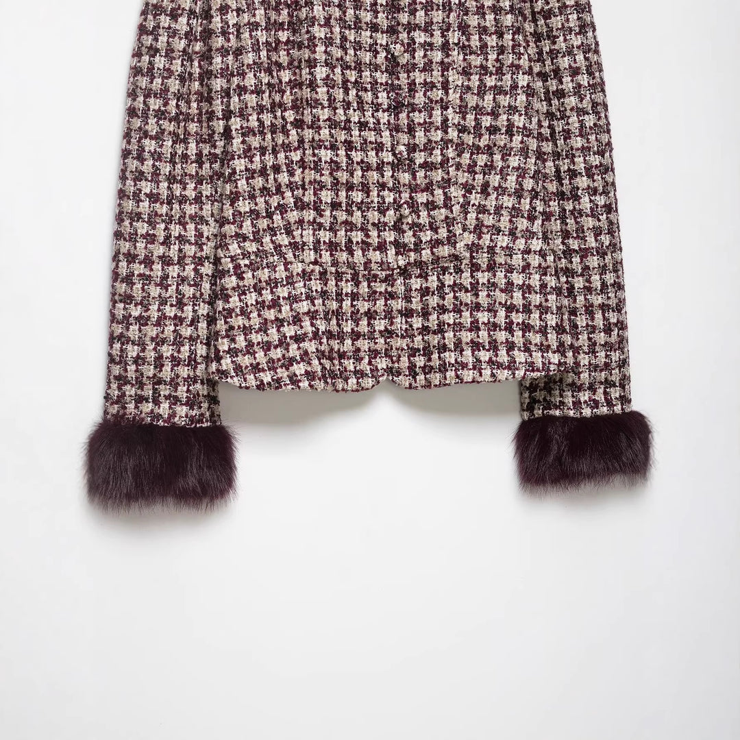 Damen Kurz geschnittene Bouclé‑Tweedjacke mit Stehkragen und Kunstfellmanschetten Drune
