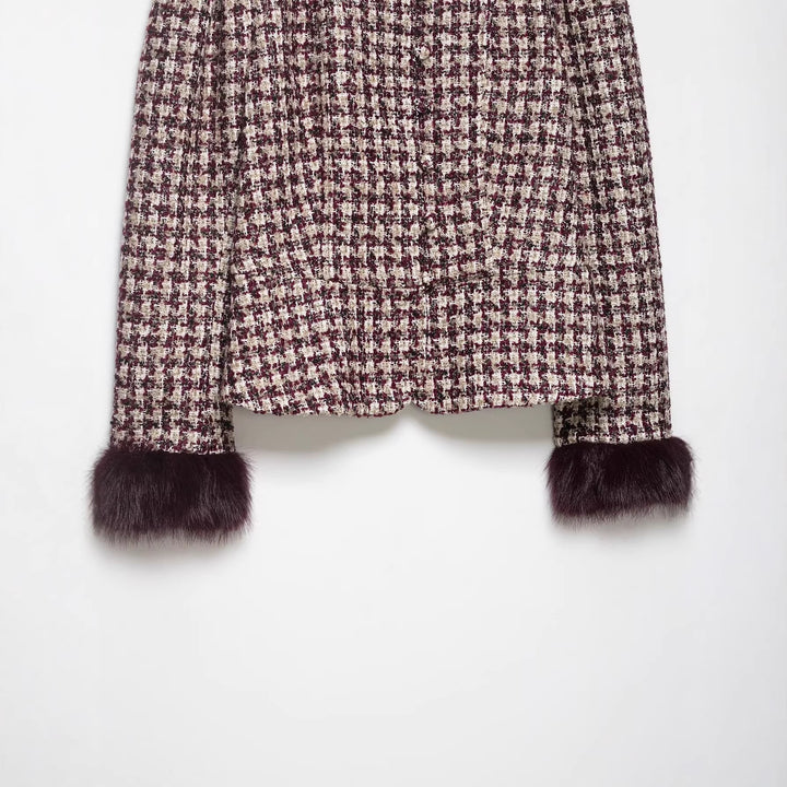 Damen Kurz geschnittene Bouclé‑Tweedjacke mit Stehkragen und Kunstfellmanschetten Drune