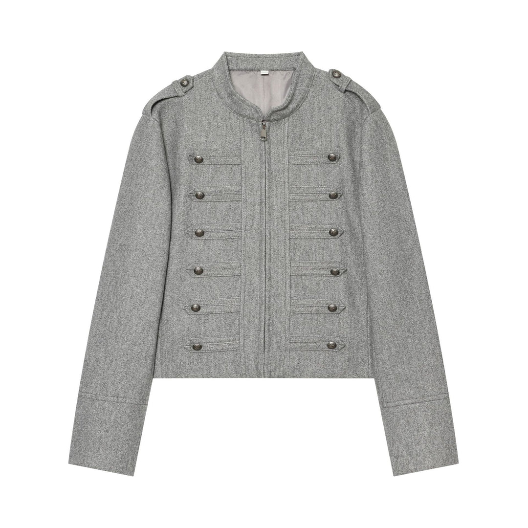 Damen nan militärisch inspirierte Wolljacke mit Stehkragen Zipper und dekorativen Knopfleisten Drune