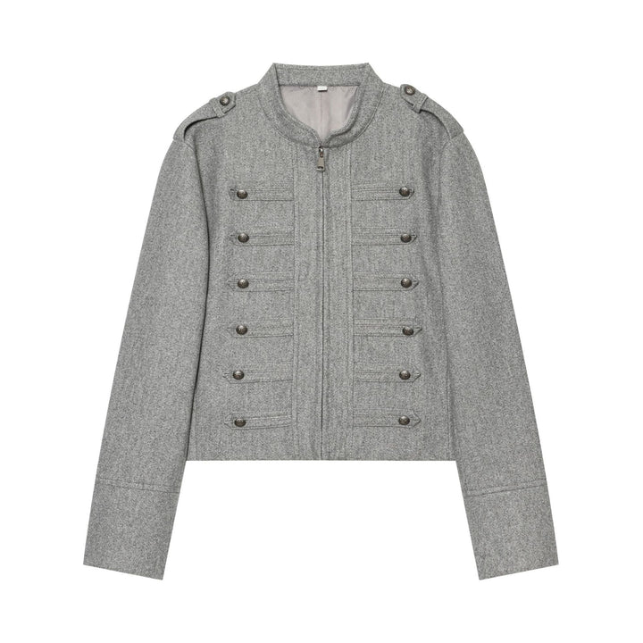 Damen nan militärisch inspirierte Wolljacke mit Stehkragen Zipper und dekorativen Knopfleisten Drune